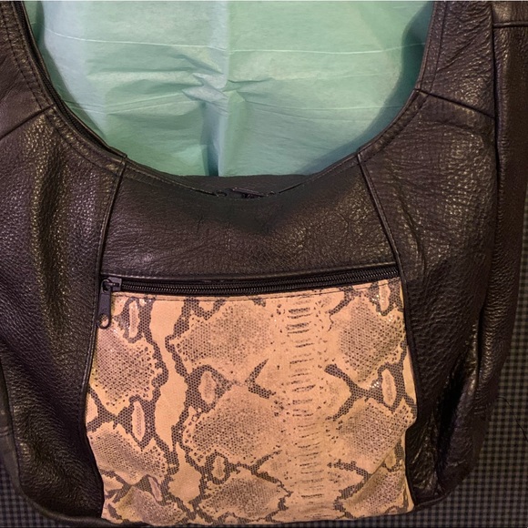 COPY - Handmade Leather Bag with Snakeskin Style mesh inlay on Black 100% soft … - Picture 2 of 7